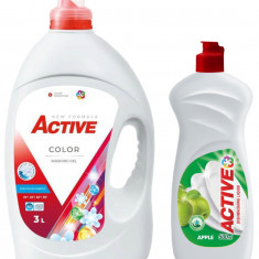 Detergent lichid pentru rufe colorate Active, 3 litri, 60 spalari + Detergent de vase lichid Active, 0.5 litri, mar
