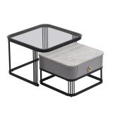 Set de 2 Măsuțe de Cafea Suprapozabile cu Blat din Marmură Lucioasă și Sticlă, Structură din Metal și Sertare, 60x60x42 cm + 50x50x34 cm, Negru