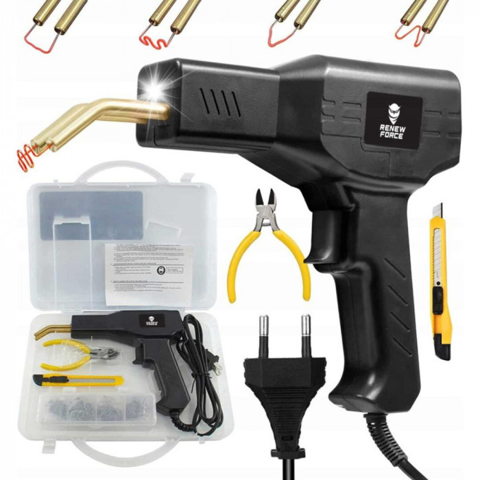 Pistol Profesional pentru lipit/sudat plastic, kit pentru repararea fisurilor din plastic, polipropilena, 400 capse de intarire, putere 50W, culoare N