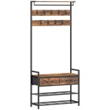 HOMCOM Cuier de Podea 5 &icirc;n 1, 181,5 cm, cu Bancă și Suport pentru &Icirc;ncălțăminte, 10 C&acirc;rlige, Metal, Maro Rustic | Aosom Romania