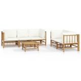Set mobilier de gradina cu perne alb crem, 6 piese, bambus