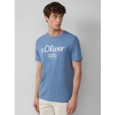 s.Oliver Tricou barbati cu imprimeu cu logo si decolteu la baza gatului, Regular fit, Albastru deschis, S