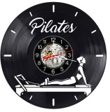 Ceas de perete decorativ realizat din disc de vinil, Model Pilates Calligraphy Aparat Reformer Instructori Fitness, Negru, 30 cm