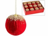 Set 12 ornamente brad Craciun catifea rosie sclipici auriu &Oslash; 10 cm