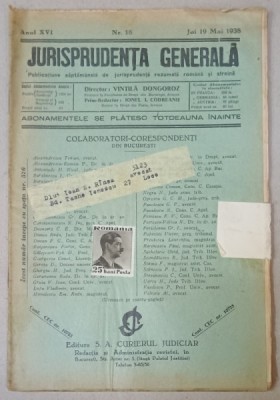 JURISPRUDENTA GENERALA , PUBLICATIUNE SAPTAMANALA DE JURISPRUDENTA REZUMATA ROMANA SI STREINA , NR.18 , 1938 foto
