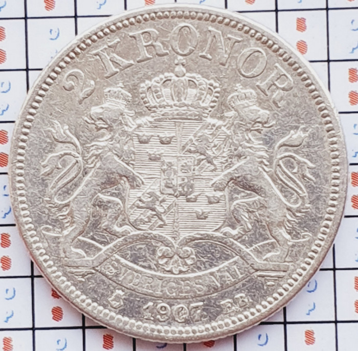 1072 Suedia 2 kronor 1907 Oscar II (1872-1907) km 773 argint