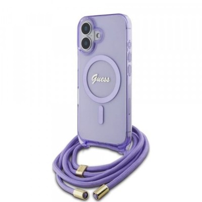Husa MagSafe pentru Apple iPhone 16, Guess, IML Crossbody Cord Script, Mov foto