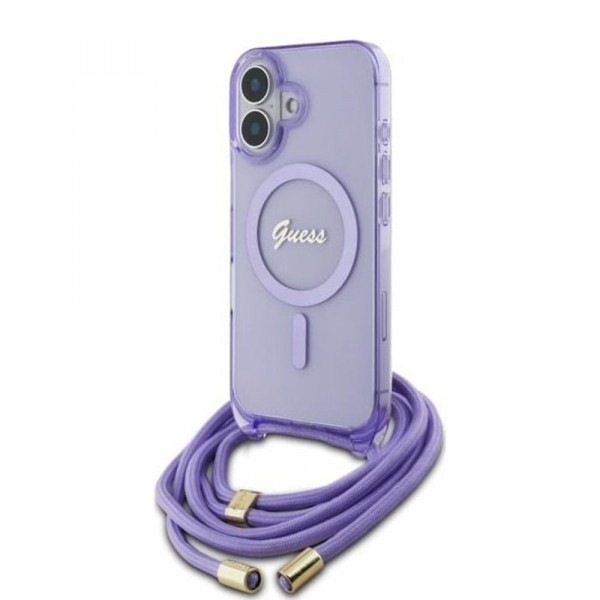 Husa MagSafe pentru Apple iPhone 16, Guess, IML Crossbody Cord Script, Mov