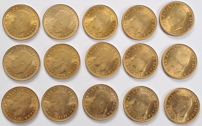 Spania, 1 Pesetas 1975, Juan Carlos I, Lot 15 monede, necirculate