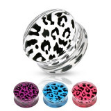 Plug din acrilic &icirc;n formă de şa, model piele de leopard - diverse culori şi dimensiuni - Lățime: 22 mm, Culoare: Roz