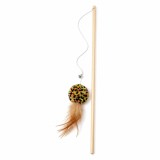 Undiță pentru Pisici cu Minge Pompon și Pene, M&acirc;ner din Lemn, Negru, Multicolor