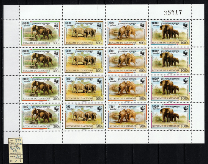 Timbre Cambodgia, 1997 | Elefant de Borneo - Animale - WWF | Bloc - MNH | aph
