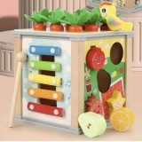 Cub educational din lemn 5 in 1, multiple activitati senzoriale si educative, multicolor