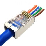Conector retea RJ45 ecranat Cat6e tip EZ pass through pentru cablu UTP sau FTP, pini placati cu aur, carcasa metal si plastic