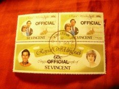 Bloc St Vincent 1981 Nunta Regala , cu 3 val. stampilate