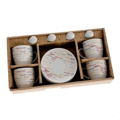 Set 4 cesti cafea 130 ml cu farfurii si lingurite, model text cafe