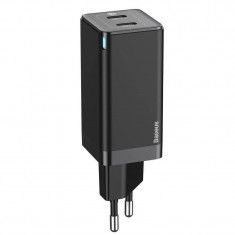 Incarcator retea Baseus GaN Mini, 2x USB-C, Quick Charge, 45W, LED, Cablu USB-C 1m inclus, Negru foto