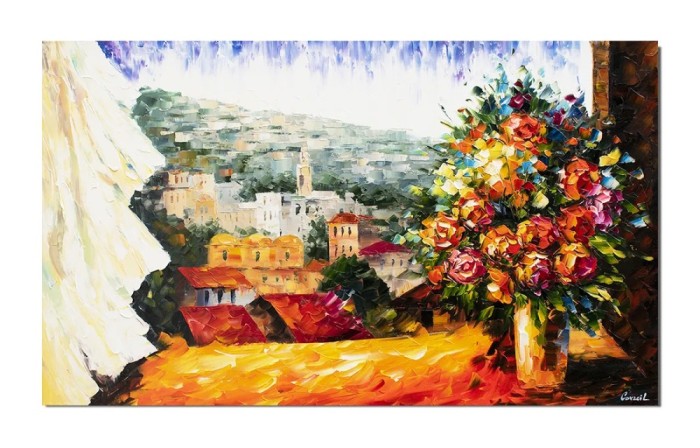 Tablou pictat manual, Vaza cu flori la fereastra, 100x60cm ulei pe panza in cutit, Superb