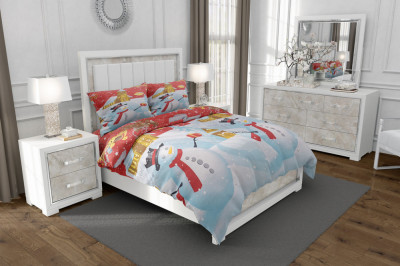 Lenjerie de pat pentru o persoana cu husa elastic pat si 2 fete perna patrata, Happy Snowman, bumbac ranforce, gramaj tesatura 120 g/mp, multicolor, 4 foto