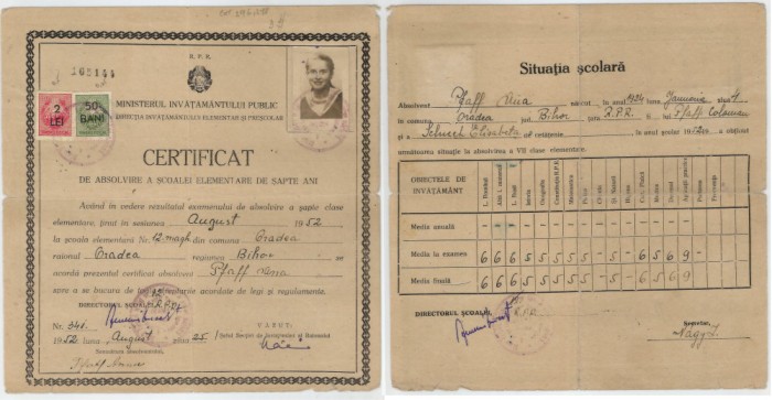 Romania, Ministerul Invatamantului Public, Certificat de absolvire a scoalei primare, Oradea, 1952