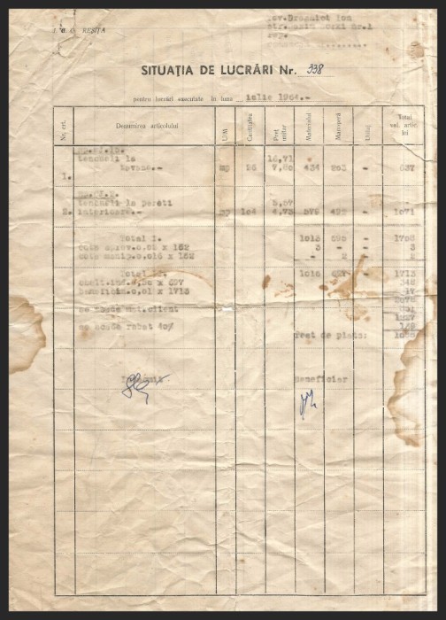 I.C.C. REȘIȚA, CARAȘ-SEVERIN - SITUAȚIA DE LUCRĂRI NR. 338 PENTRU LUCRĂRI EXECUTATE &Icirc;N LUNA IULIE 1964 - DOCUMENT VECHI