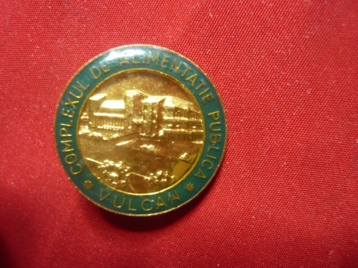Insigna Complexul de Alimentatie Publica Vulcan, metal si email ,d= 2,5 cm