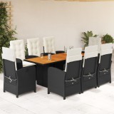 VidaXL Set mobilier de grădină cu perne, 9 piese, negru, poliratan