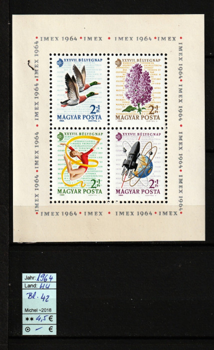 Ungaria, 1964 | Ziua mărcii poştale - Expo IMEX - Cosmos, flori | MNH | aph