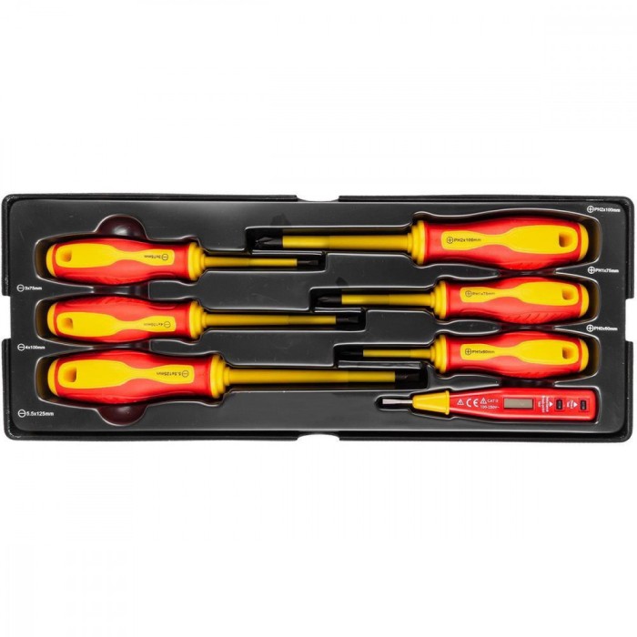 Set surubelnite izolate, late si cruce, cu creion de faza, sertar TIP A (385x150 mm) pentru dulap mobil, PH0-2, 3-5.5 mm, 60-125 mm, 7 elemente, RICHM