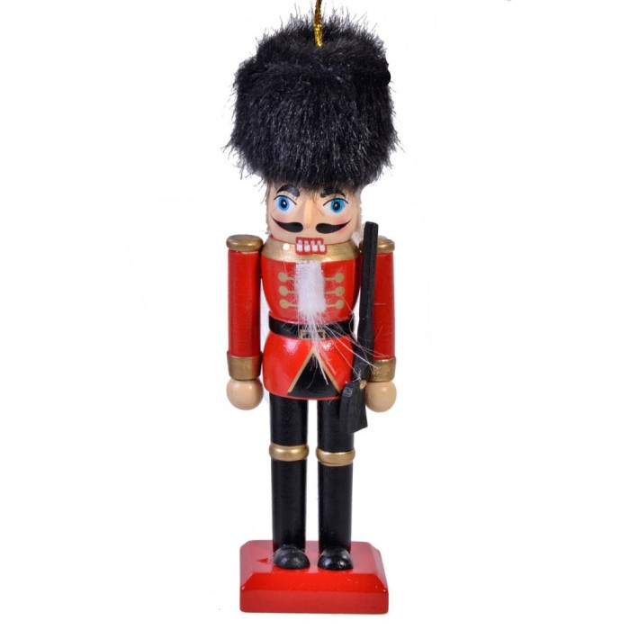 Decorațiune Crăciun, Lemn, Soldat Suspendabil, Uniformă Roșie, Căciulă Neagră de Blană, 13cm