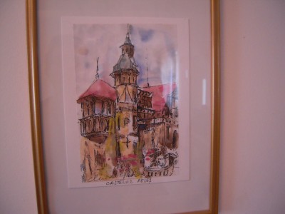 Tablou in acuarela prezentand castelul Peles, semnat Claudia Popescu, dimensiuni 19x3 cm foto