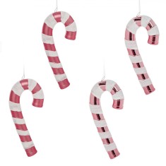 Ornamente Crăciun, Acadele Bastonașe, Set 4 Bucăți, Roz cu Dungi Holografice Albe, 14 cm, Plastic