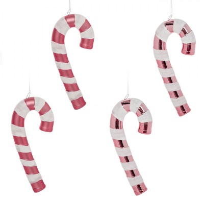 Ornamente Crăciun, Acadele Bastonașe, Set 4 Bucăți, Roz cu Dungi Holografice Albe, 14 cm, Plastic foto