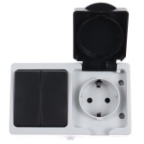 Priza schuko simpla + intrerupator dublu Hoff Cubik, cu capac, aparenta, contact de protectie, 16A, IP54, gri + negru