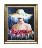 Cumpara ieftin Tablou inramat tanara cu palarie si trandafiri pictat manual, Eleganta, 60x50cm ulei pe panza, Mircea Iordache