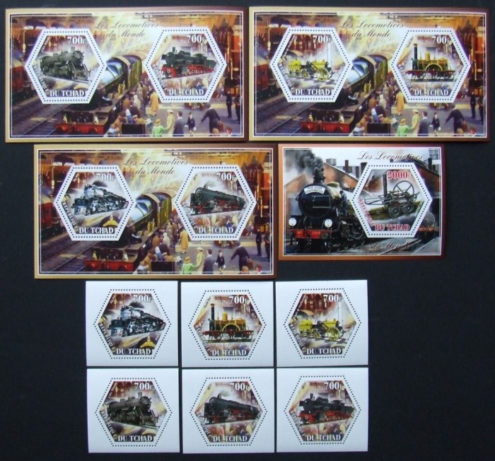 R.DU TCHAD-LOCOMOTIVE-SET 6 V.+4 S/Sh.NEOBLITERATE-DANTELATE-MNH** - EP 060