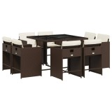 Set mobilier de gradina cu perne, 9 piese, maro, poliratan