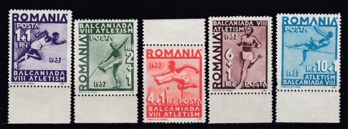 ROMANIA 1937 LP 121 A 8-a BALCANIADA DE ATLETISM SERIE FOARTE USOARA URMA SARNIERA