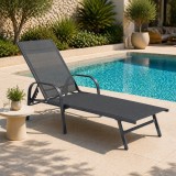 Sezlong pliabil reglabil pentru terasa si balcon, textilena, otel, gri &icirc;nchis