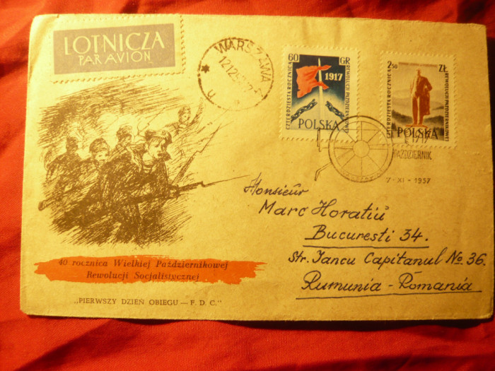 Plic FDC 1957 Polonia - Revolutia 1917 din Rusia , cu 2 val.