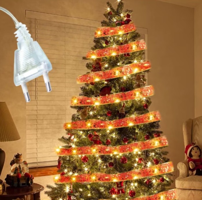 Panglica Luminoasa pentru Bradul de Craciun BZRSH, 50 LED-uri, 5 m, Rosie cu Lumina Alb Calda, 8 Programe , Decor Festiv LED, Ghirlanda Craciun Interi
