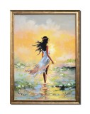 Tablou peisaj apus de soara pictat manual inramat, Zana soarelui, 75x55cm ulei pe panza, rama din lemn, Geo Ungureanu