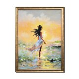 Tablou peisaj apus de soara pictat manual inramat, Zana soarelui, 75x55cm ulei pe panza, rama din lemn, Geo Ungureanu