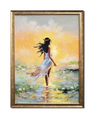 Tablou peisaj apus de soare pictat manual inramat, Zana soarelui, 75x55cm ulei pe panza, rama din lemn, Geo Ungureanu