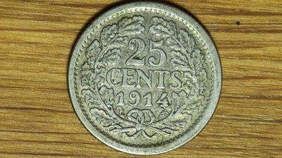 Olanda - moneda de colectie - 25 cents 1914 argint -Wilhelmina- impecabila ! foto