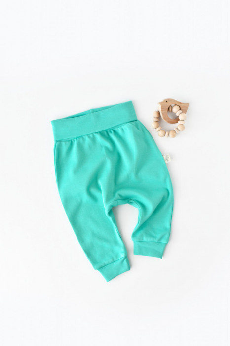 Pantaloni Bebe Unisex din bumbac organic Turcoaz BabyCosy (Marime: 6-9 luni)