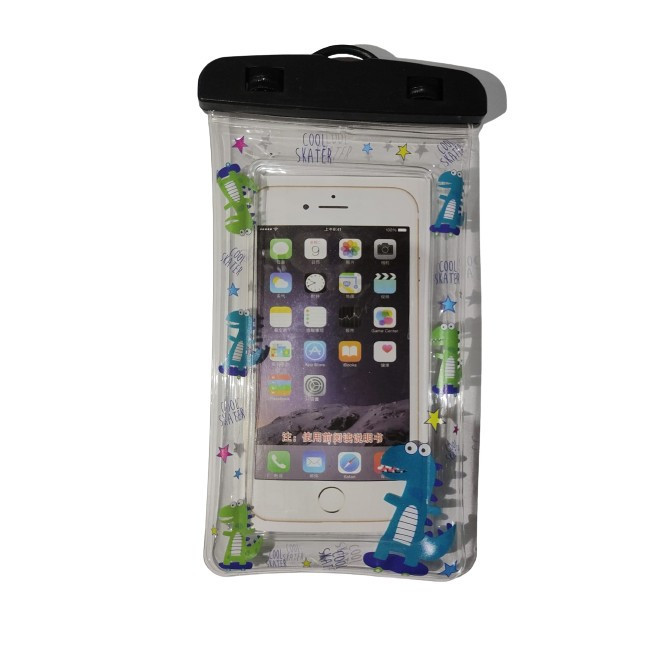 Husa subacvatica Kids Waterproof Flippy, Snowproof, Universala, cu Snur, pentru telefon sau documente, Dino, Negru