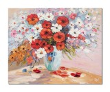 Tablou 3D cu maci si margarete pictat manual, Ikebana, 60x50cm ulei pe panza, Valentin Pop