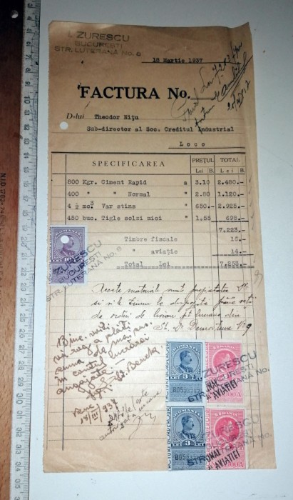 FACTURA VECHE TIMBRATA /FISCALIZATA ZURESCU 1937 , MATERIALE CONSTRUCTIE