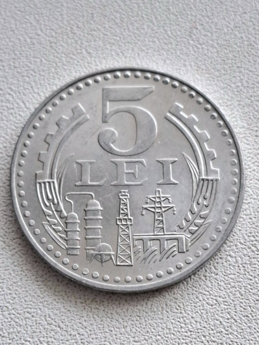 Moneda Romania 5 lei 1978 aUNC Picioarele Trepiedului Egale -Luciu de batere